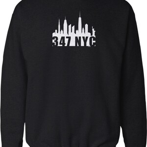 May include: Black sweatshirt with a white graphic of the New York City skyline and the text "347 NYC".