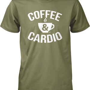 May include: A green t-shirt with white text that reads "Coffee & Cardio" with a stylized coffee cup graphic.