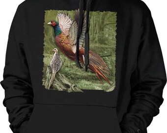 May include: A black hooded sweatshirt featuring a graphic print on the chest. The print depicts a colorful male pheasant in flight above a smaller, mottled brown female pheasant perched on a piece of wood against a green forest background.