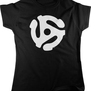May include: Black t-shirt with a white vinyl record symbol.