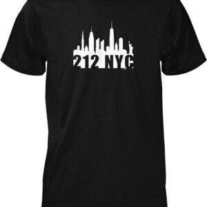 May include: Black t-shirt with a white silhouette of the New York City skyline and the text "212 NYC".
