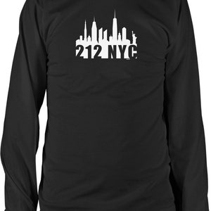 May include: Black long-sleeve t-shirt with a white silhouette of the New York City skyline and the text "212 NYC".