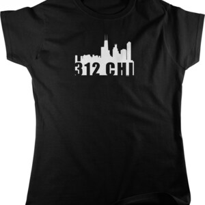 May include: Black t-shirt with a white silhouette of the Chicago skyline and the text "312 CHI".