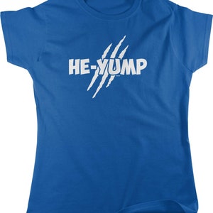 May include: A royal blue t-shirt with a white graphic of claw marks and the text "HE-YUMP".