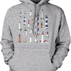 May include: A gray hooded sweatshirt with a graphic print of lighthouses and the text "Atlantic Lights".