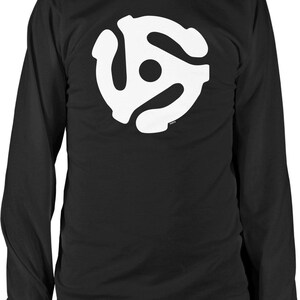May include: A black long-sleeve shirt featuring a large, white, circular 45 RPM record adapter graphic centered on the chest. The garment has a crew neckline and long sleeves with ribbed cuffs, providing a simple, solid-colored base.