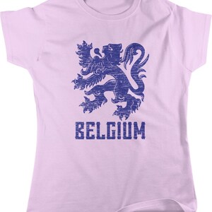 May include: A light purple t-shirt with a blue distressed graphic of the Belgian lion and the word "BELGIUM" underneath.