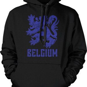 May include: Black hoodie with a blue lion graphic and the word "BELGIUM" printed on the front.