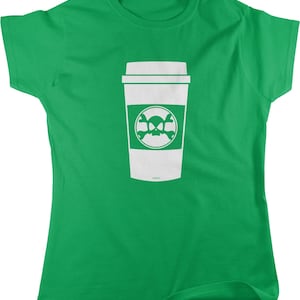 May include: A green t-shirt with a white graphic of a coffee cup with a skull and crossbones inside.