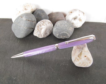 Handmade/Hand Turned Sovereign Chrome Twist action Pen. Lilac Polyester body. Cross Style Ballpoint refill.