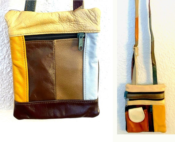 Vintage Leather Crossbody Bag 70s Patchwork Patte… - image 1