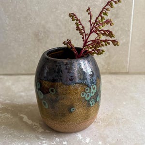 May include: A small, handcrafted ceramic vase with a dark blue-black glazed top and a speckled, tan-coloured body. The vase contains a sprig of reddish-brown plant with small green buds. The vase is a decorative item.