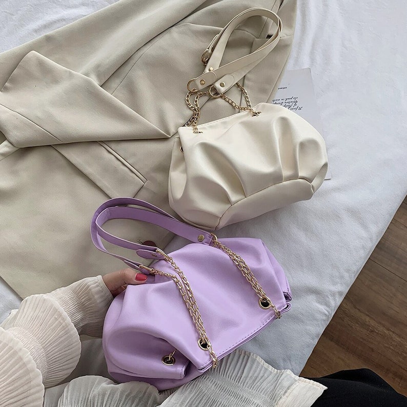 Casual Pleated Bucket Crossbody Bag PU Women Chain Solid Color Shoulder Handbag Fashion Exquisite Shopping Bag