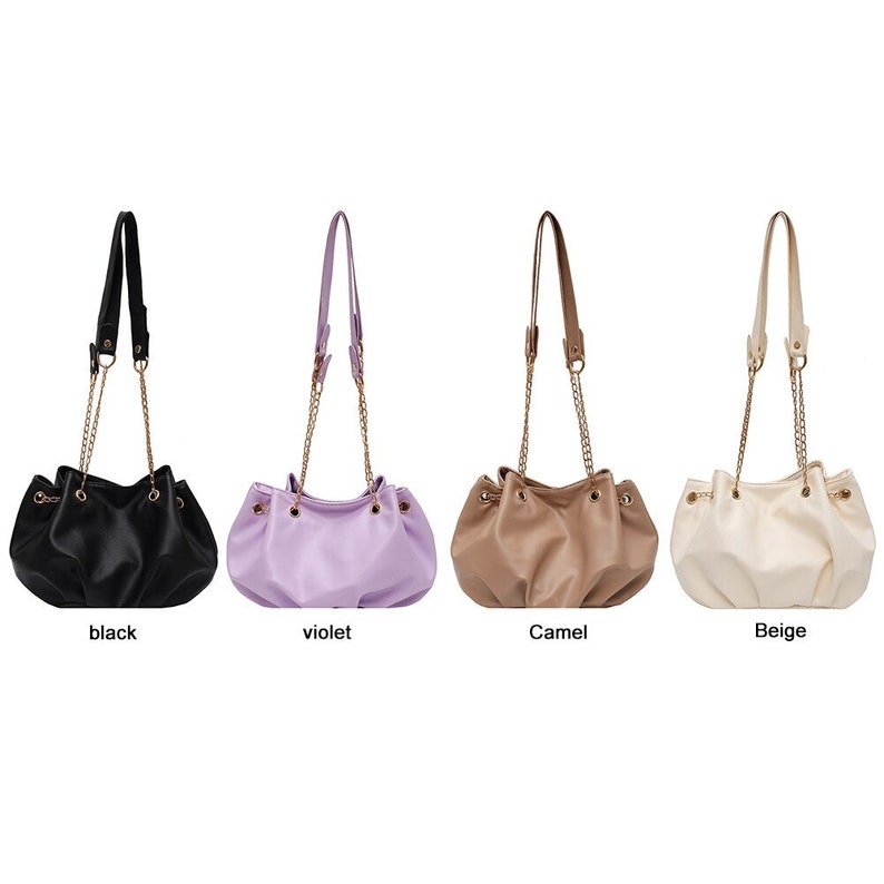 Casual Pleated Bucket Crossbody Bag PU Women Chain Solid Color Shoulder Handbag Fashion Exquisite Shopping Bag