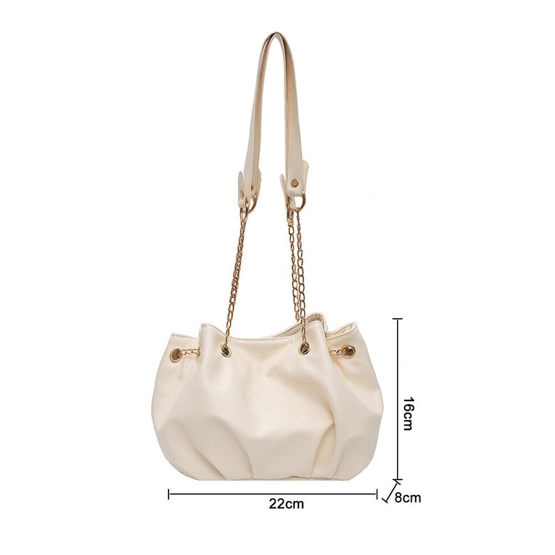 Casual Pleated Bucket Crossbody Bag PU Women Chain Solid Color Shoulder Handbag Fashion Exquisite Shopping Bag