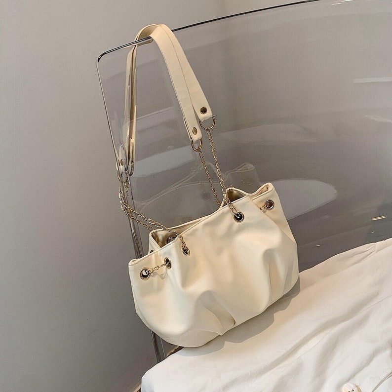 Casual Pleated Bucket Crossbody Bag PU Women Chain Solid Color Shoulder Handbag Fashion Exquisite Shopping Bag