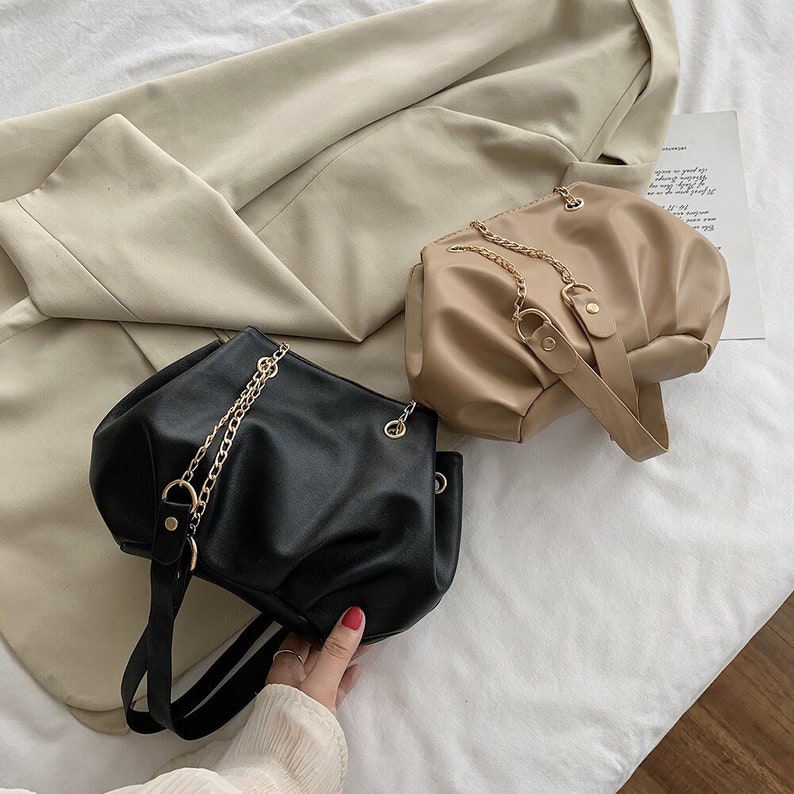 Casual Pleated Bucket Crossbody Bag PU Women Chain Solid Color Shoulder Handbag Fashion Exquisite Shopping Bag