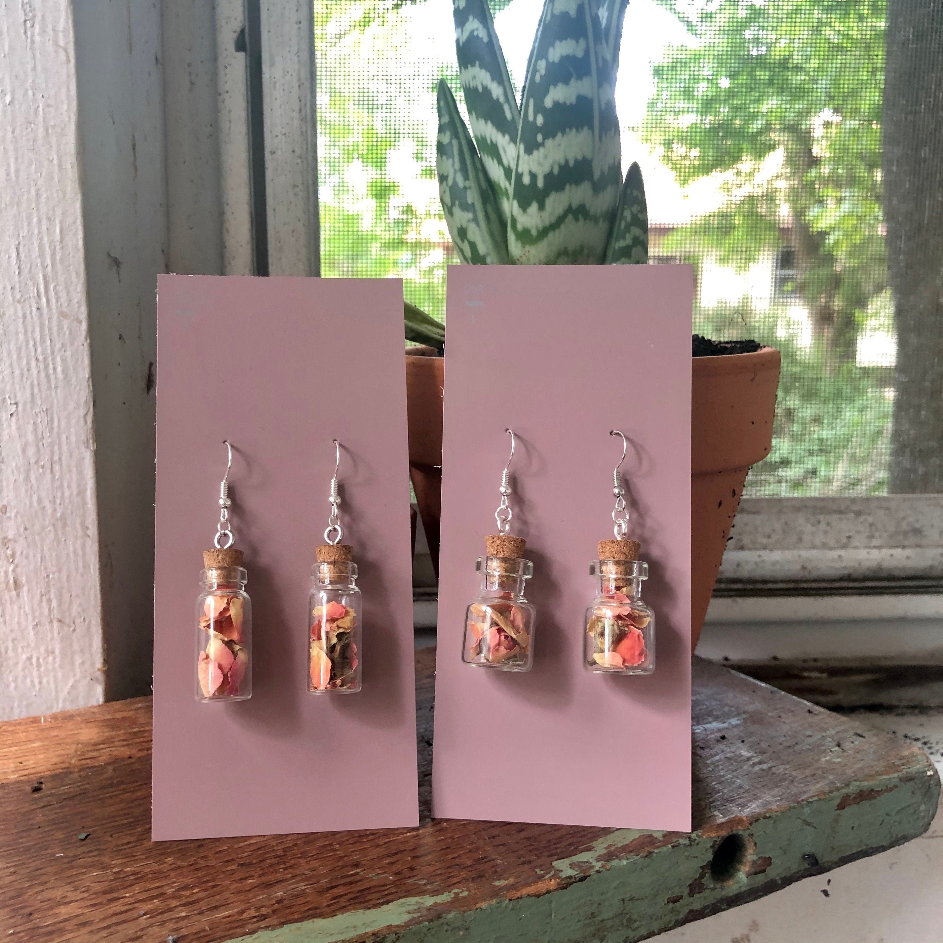 dried rose bottle earrings