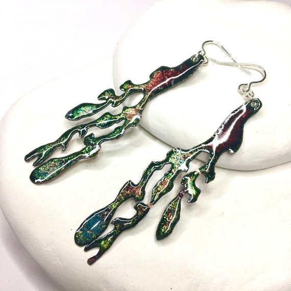 Sparkly Iridescent Red Green Seaweed Enamel Drop earrings.