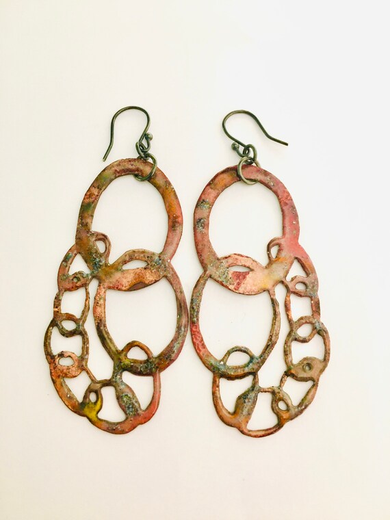 Large Terracotta Pink & Rusty Green Quay Chain Enamel Drop Earrings