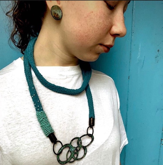 Maritima Collection - Turquoise Beaded Knitted Cotton Rope Lariat Style Necklace with Glass Enamel Chain Motif Pendant. One of a kind.