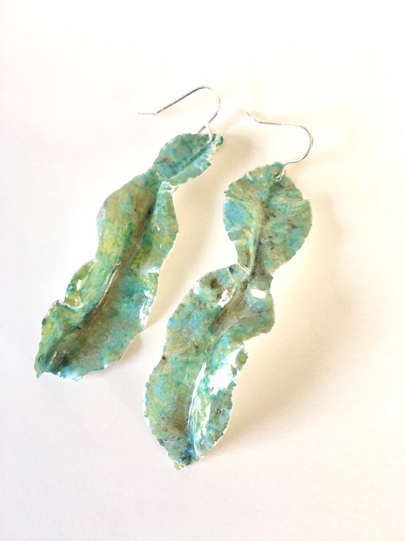 Long Statement Seaweed Leaf Drop Silver Enamel Earrings
