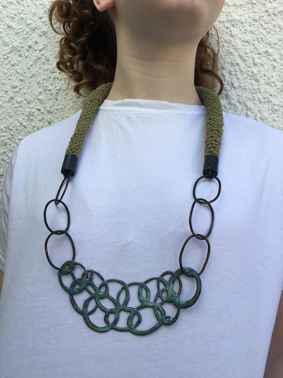 Maritima Collection - Khaki Green Chunky Crochet Rope Necklace with Enamel Chain Motif Pendant and oxidised copper chain. One of a kind.