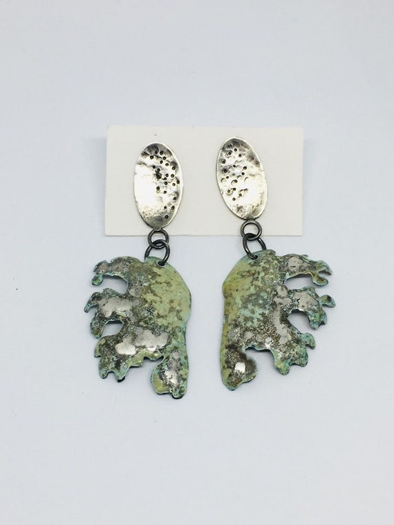 Statement Frilly Seaweed Drop Silver Enamel Earrings