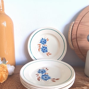 Puede incluir: Una pila de platos de cerámica blanca con un diseño floral azul y un borde verde. Una botella grande de color marrón claro y una bandeja de madera también son visibles en el fondo. Los platos están apilados.
