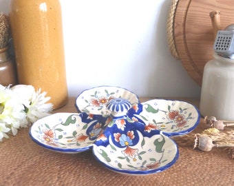 Beautiful French vintage handmade & hand-decorated ceramic hors d’oeuvres snack dish / serving tray – Vieux Rouen floral – colorful boho
