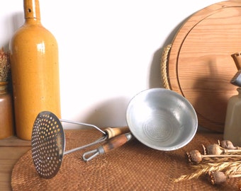 Vintage French wood & stainless steel potato / vegetable masher and aluminum strainer sieve – traditional kitchen utensil – rustic farmhouse