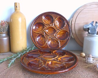 Two fabulous French vintage ST CLEMENT treacle color majolica oyster plates – 4 sets available