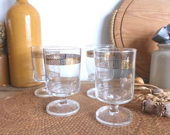 Rare! Four stylish French vintage LUMINARC Cavalier clear glass wine glasses with gold Greek key motif - chic retro barware