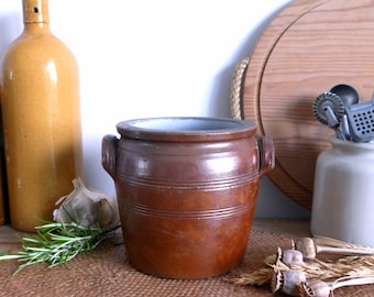 Authentic vintage French handmade brown earthenware stoneware confit pot jar crock – rustic farmhouse