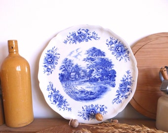 Fabulous French vintage SARREGUEMINES Romantic huge blue and white platter serving plate – rural scene & flowers – rustic farmhouse