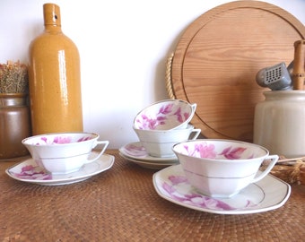 Stunningly lovely French antique F LEGRAND fine Limoges porcelain coffee cups & saucers - romantic pink flowers - 1920s shabby château chic
