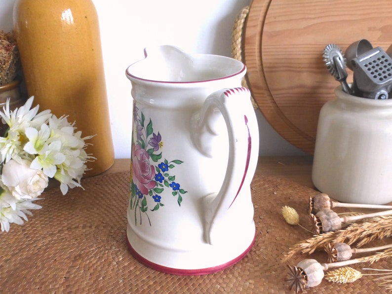 Charming French vintage KG LUNEVILLE / St Clément Old Strasbourg floral pitcher jug pink accents rustic farmhouse shabby chic image 2