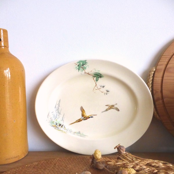 Wonderful English vintage ROYAL DOULTON The Coppice oval serving platter – pheasants in flight – rustic farmhouse country style