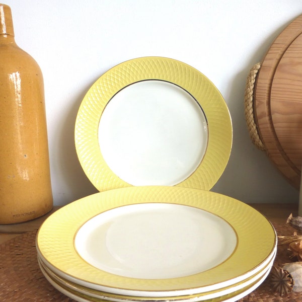 Set of four French vintage MOULINS DES LOUPS Orchies dinner plates - yellow border & trellis pattern – gilt edge – retro elegance