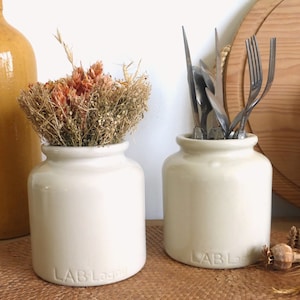 Lovely French vintage LAB LAGNY handmade stoneware mustard pots jars in creamy oatmeal – rustic farmhouse kitchen storage - one left