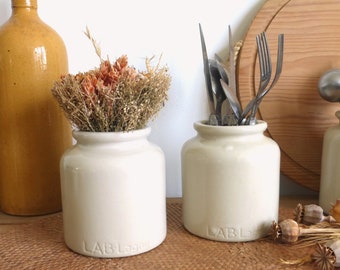 Two lovely French vintage LAB LAGNY handmade stoneware mustard pots jars in creamy oatmeal – rustic farmhouse kitchen storage