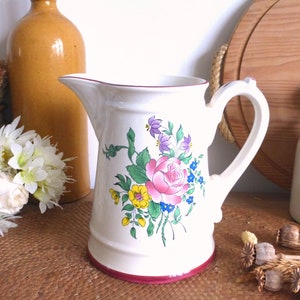 Charming French vintage KG LUNEVILLE / St Clément Old Strasbourg floral pitcher jug pink accents rustic farmhouse shabby chic image 1