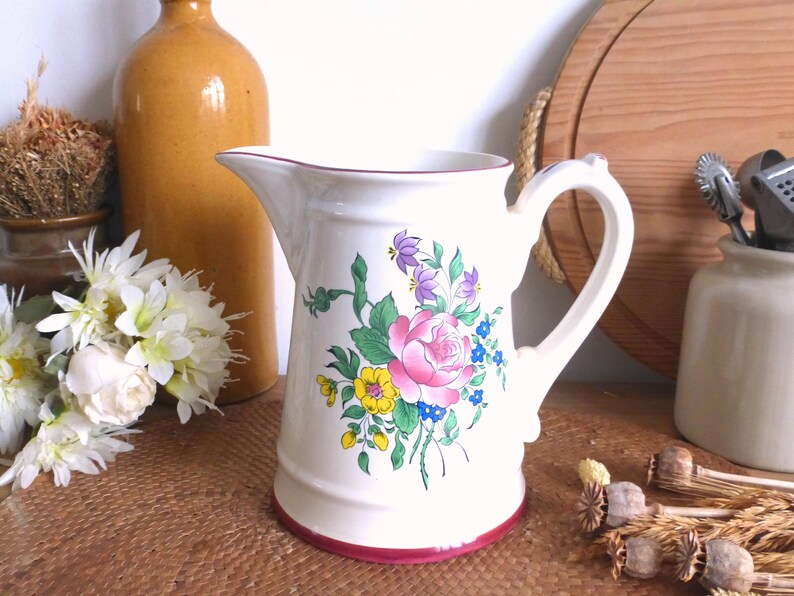 Charming French vintage KG LUNEVILLE / St Clément Old Strasbourg floral pitcher jug pink accents rustic farmhouse shabby chic image 1