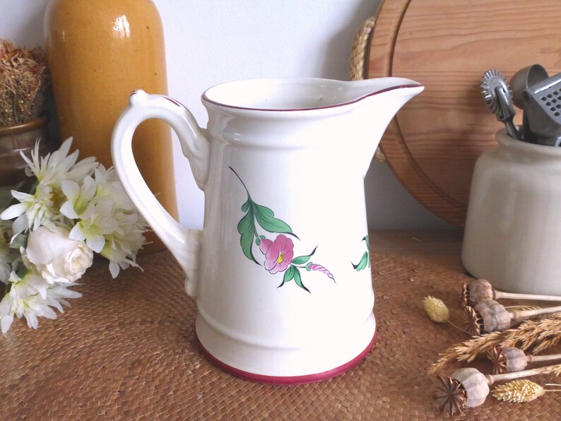 Charming French vintage KG LUNEVILLE / St Clément Old Strasbourg floral pitcher jug pink accents rustic farmhouse shabby chic image 4