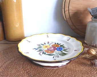 Gorgeous, colourful French vintage LONGCHAMP Firenza hand painted floral ceramic footed cake stand plate – rustic charm