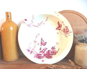 Stunning French antique JULES VIEILLARD Bordeaux large ironstone cream serving bowl - red transferware - butterflies & flowers – 1800s