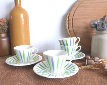 RARE Gorgeous French vintage DIGOIN creamy white coffee cups & saucers - hand-painted green and gray stripes – boho charm – 10 available