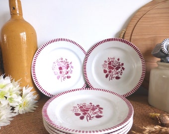 Gorgeous set of six French vintage K&G LUNEVILLE Evian opaque porcelain tea / side plates – stenciled red roses – boho shabby chic