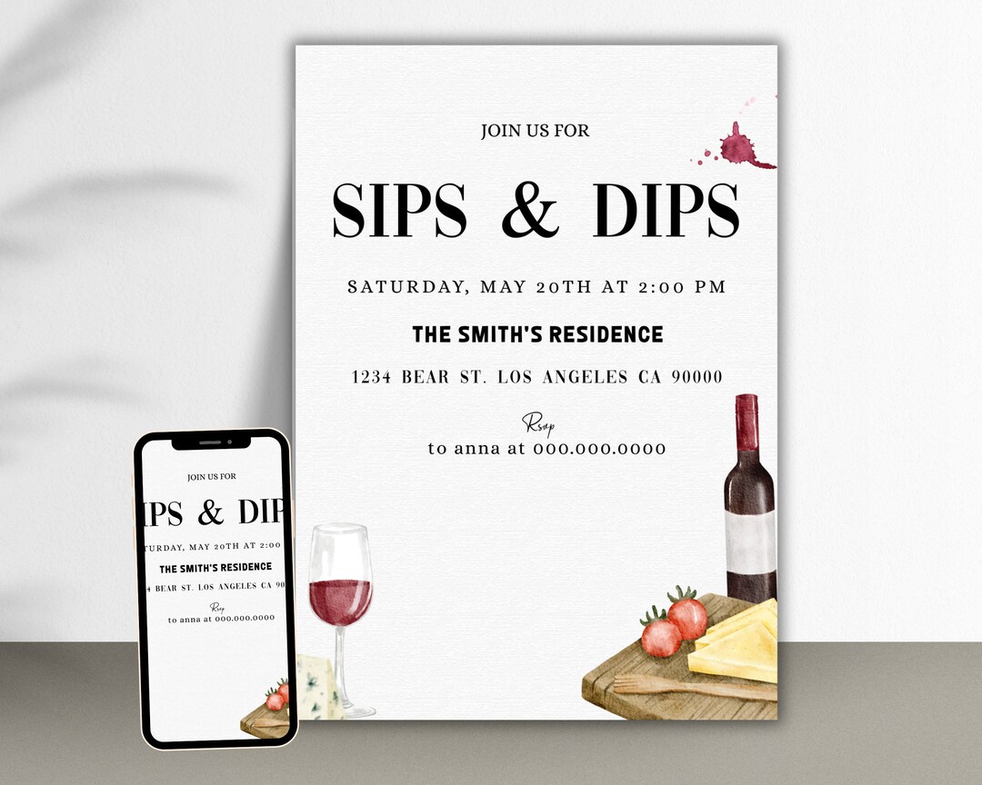 Editable Sips Dips Charcuterie Invitation Template Wine Cheese Bridal