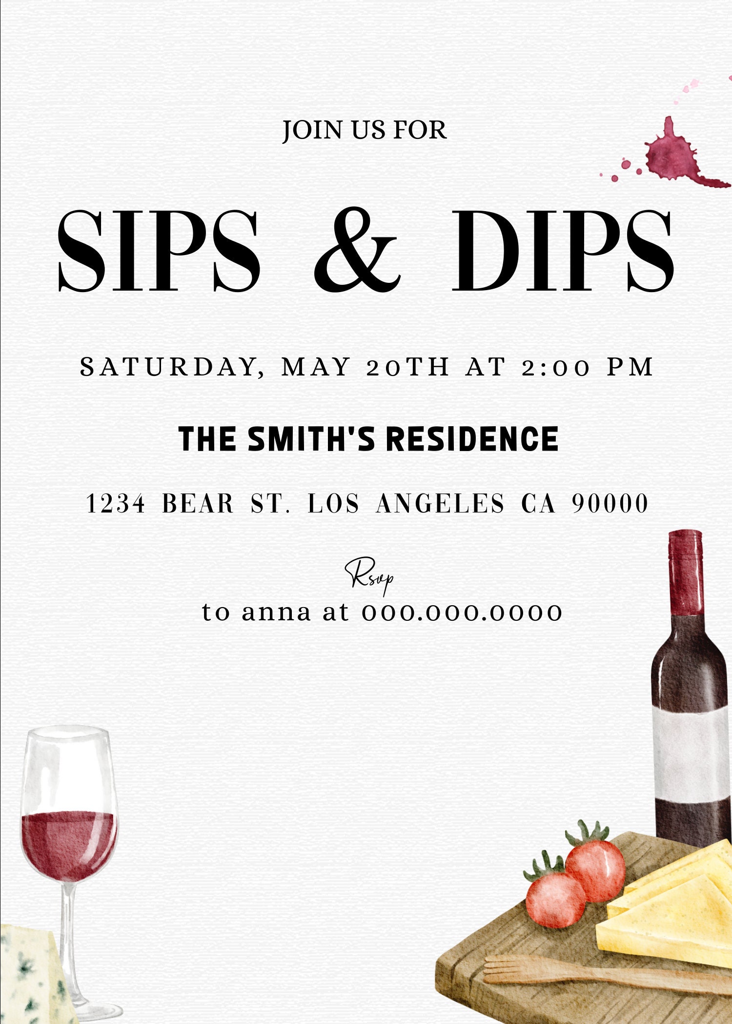 Editable Sips Dips Charcuterie Invitation Template Wine Cheese Bridal